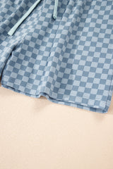 Sky Blue Checkerboard Long Sleeve Pullover and Shorts Set Short Sets JT's Designer Fashion