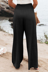 Black Shirred High Waist Plus Size Wide Leg Pants Plus Size Bottoms JT's Designer Fashion