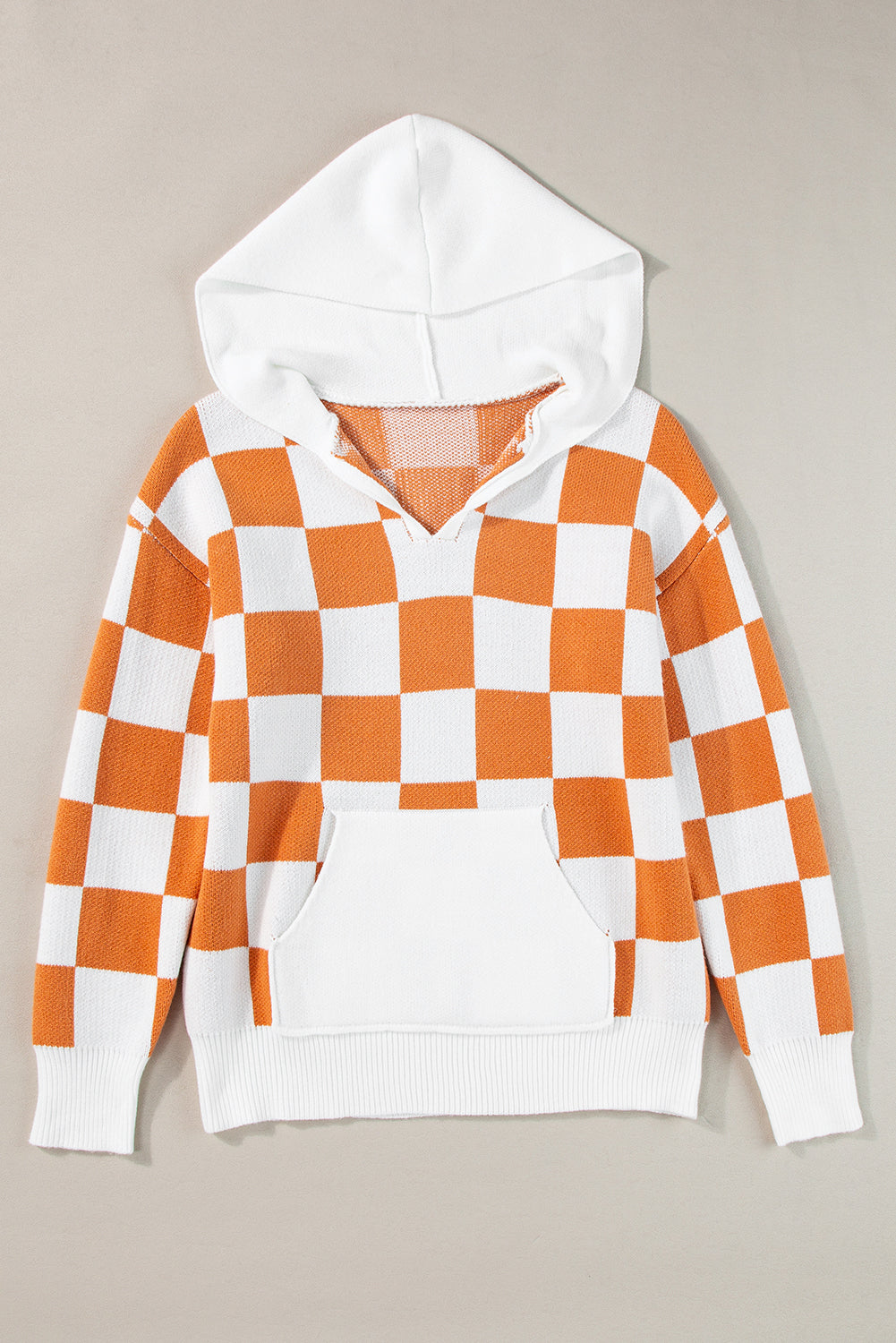 Gold Flame Checkered Split Neck Contrast Kangaroo Pocket Hooded Sweater Sweaters JT's Designer Fashion