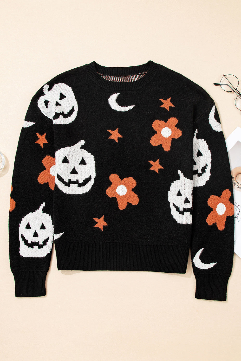 Black Halloween Mythical Night Pattern Drop Shoulder Sweater Sweaters JT's Designer Fashion