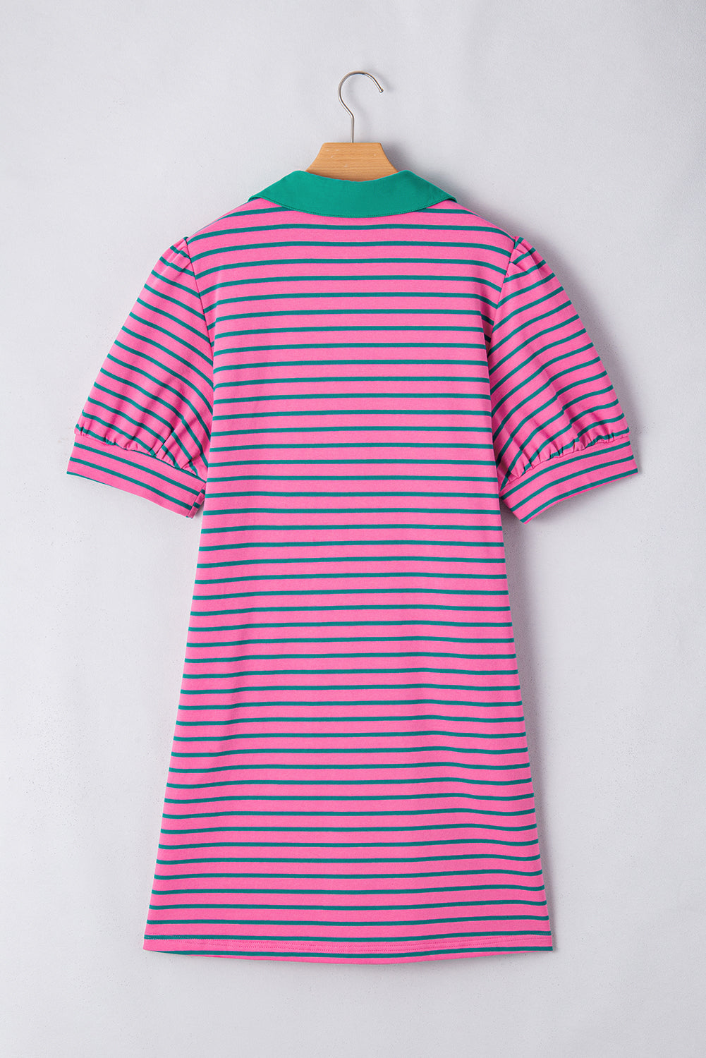 Rose Stripe Collared V Neck Puff Sleeve Shift T Shirt Dress with Pockets Plus Size Mini Dresses JT's Designer Fashion
