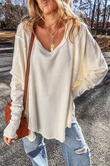 White Waffle Knit Exposed Seam V Neck Oversized Top Long Sleeve Tops JT's Designer Fashion