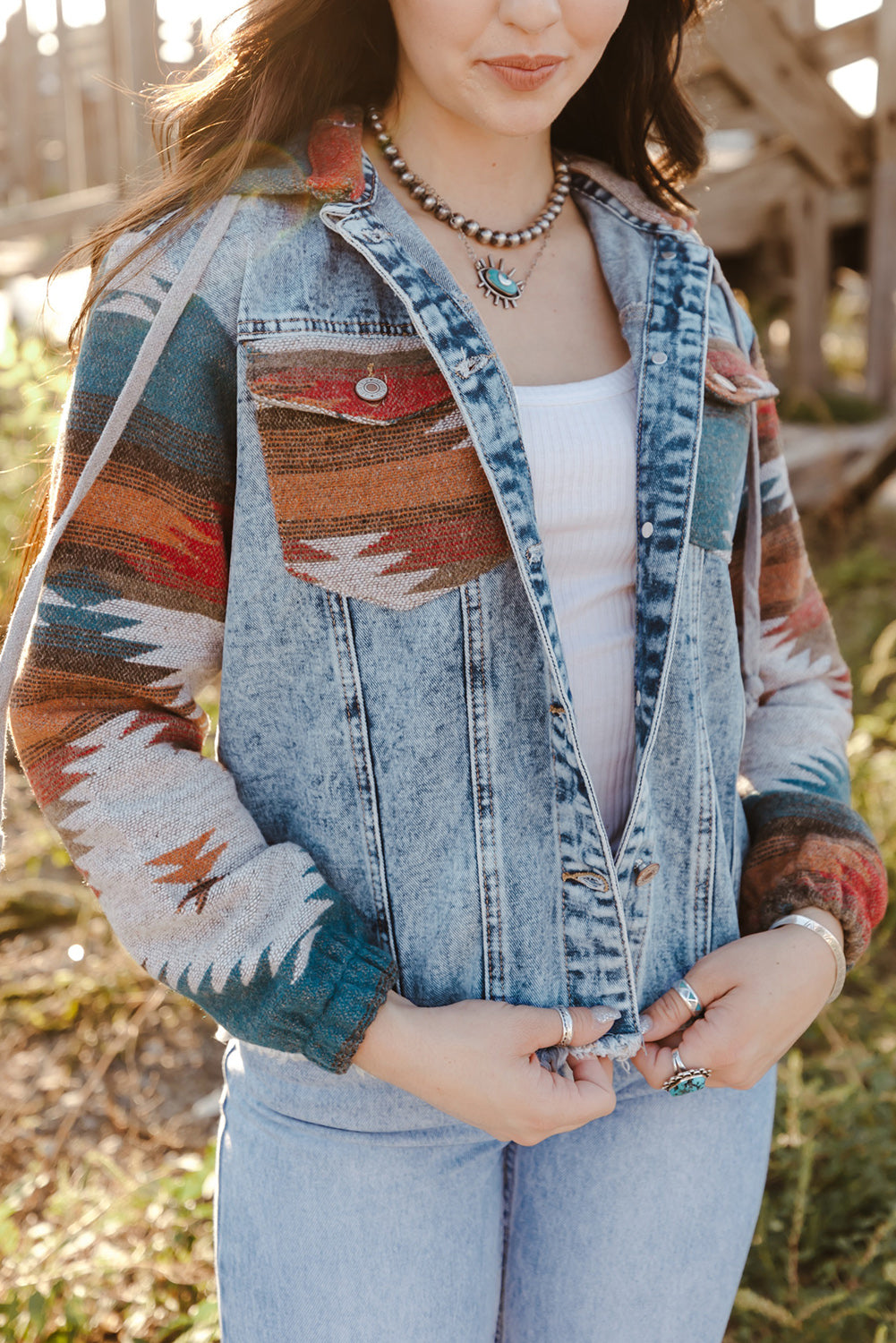 Multicolor Aztec Print Frayed Hem Denim Jacket Denim Jackets JT's Designer Fashion