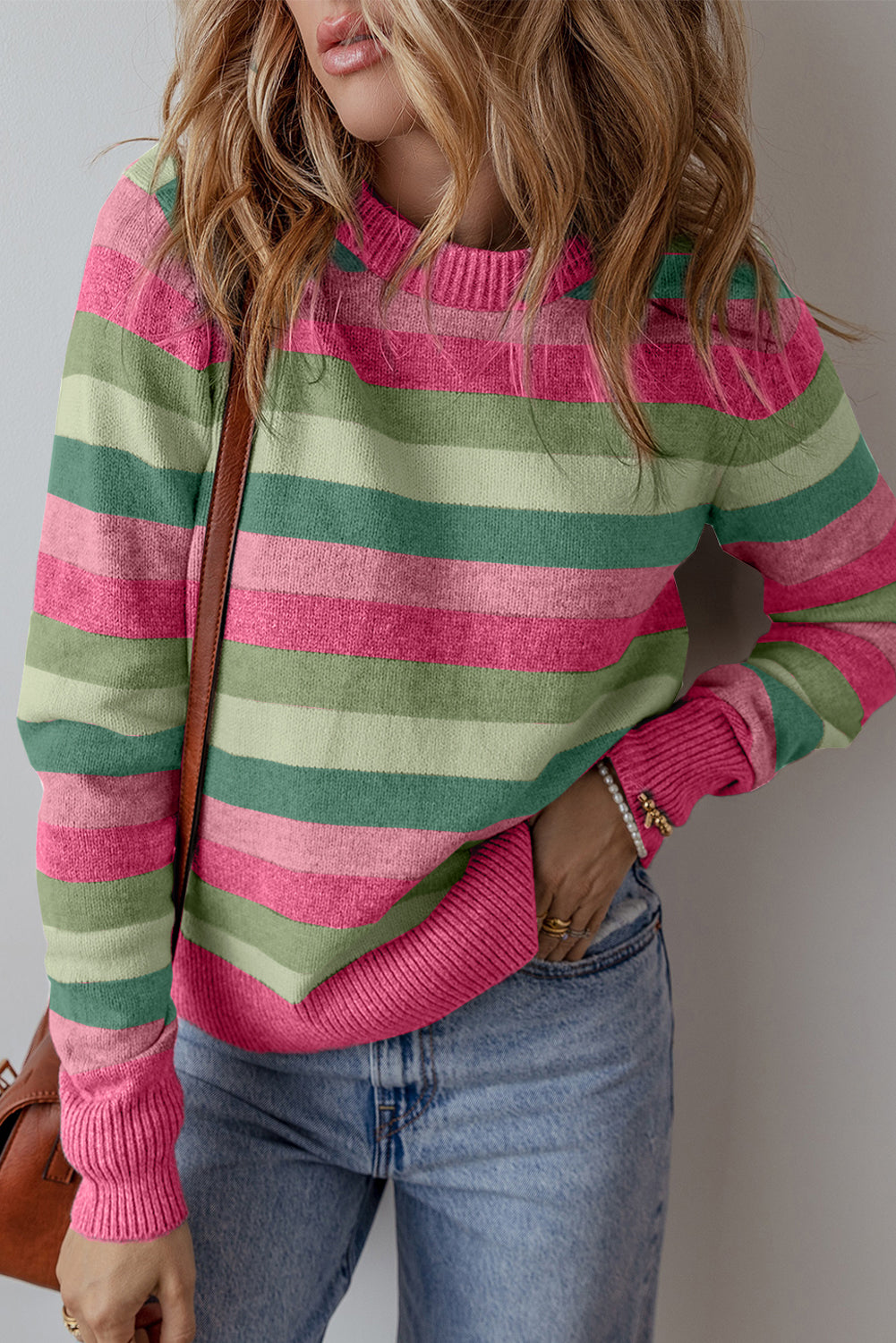 Green Color Block Ribbed Edge Round Neck Sweater Sweaters JT's Designer Fashion