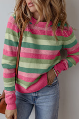 Green Color Block Ribbed Edge Round Neck Sweater Sweaters JT's Designer Fashion