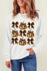Beige Pumpkin Leopard Bow Knot Print Pullover Sweatshirt Graphic Sweatshirts JT's Designer Fashion