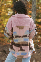 Pink Western Aztec Print Sherpa Splicing Buttoned Flap Pocket Coat Jackets JT's Designer Fashion