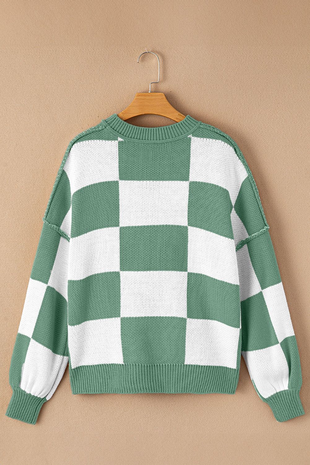 Green Checkered Bishop Sleeve Sweater Sweaters JT's Designer Fashion
