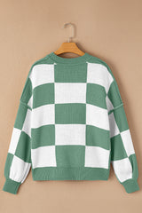 Green Checkered Bishop Sleeve Sweater Sweaters JT's Designer Fashion