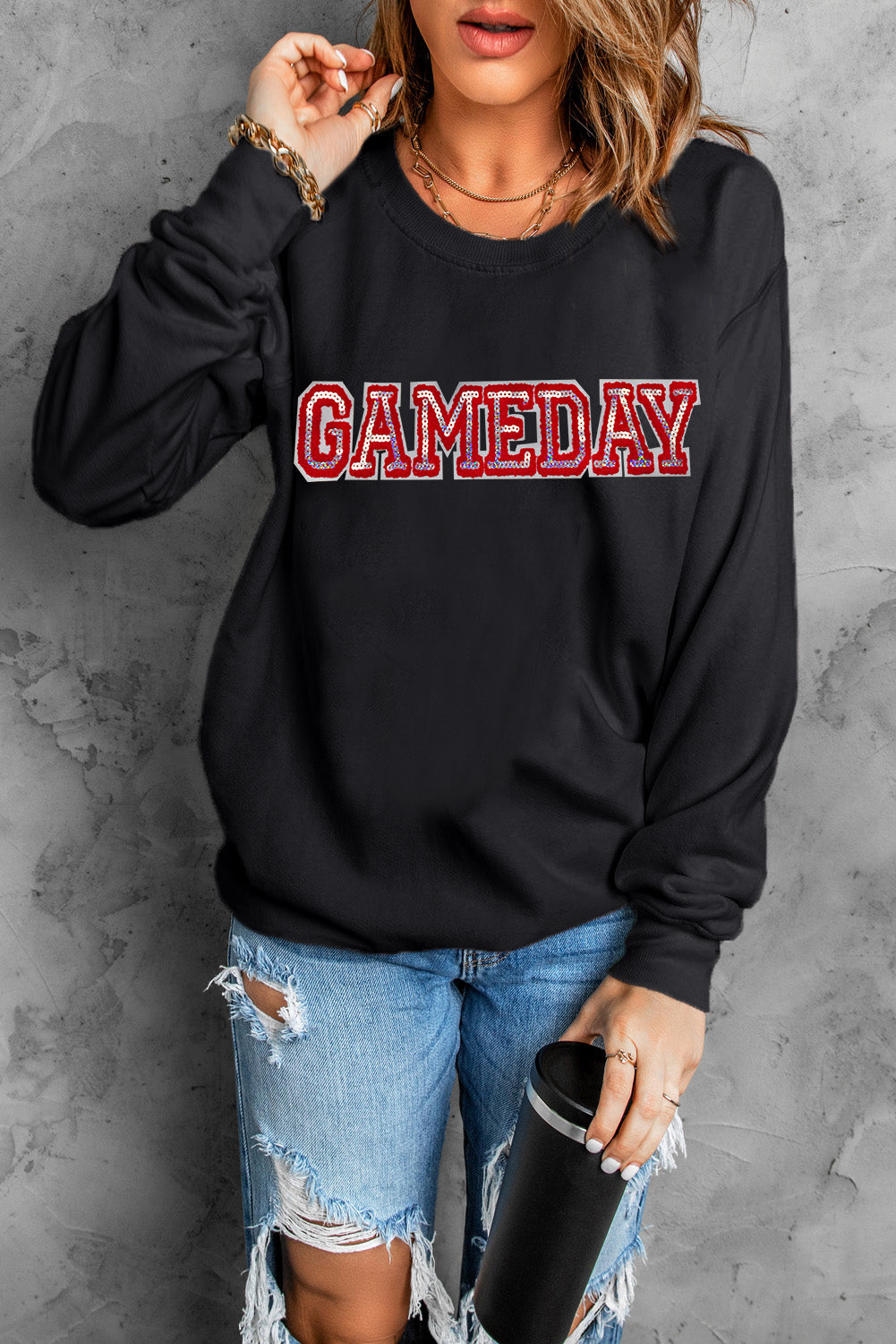 Black Sequined GAME DAY Rugby Football Season Sweatshirt Graphic Sweatshirts JT's Designer Fashion