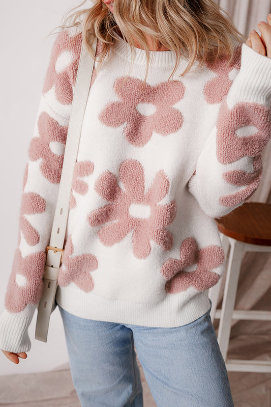 White Textured Flower Drop Shoulder Loose Sweater White 42%Acrylic+30%Polyester+28%Polyamide Sweaters JT's Designer Fashion