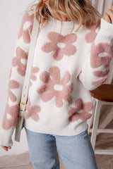 White Textured Flower Drop Shoulder Loose Sweater White 42%Acrylic+30%Polyester+28%Polyamide Sweaters JT's Designer Fashion