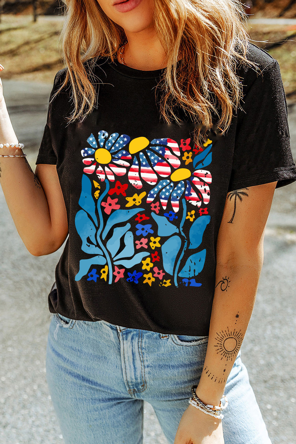 Black USA Flag Flower Graphic Drop Shoulder T Shirt Graphic Tees JT's Designer Fashion