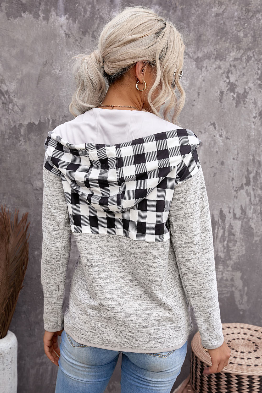 Black Plaid Splicing Pocketed Hoodie Sweatshirts & Hoodies JT's Designer Fashion
