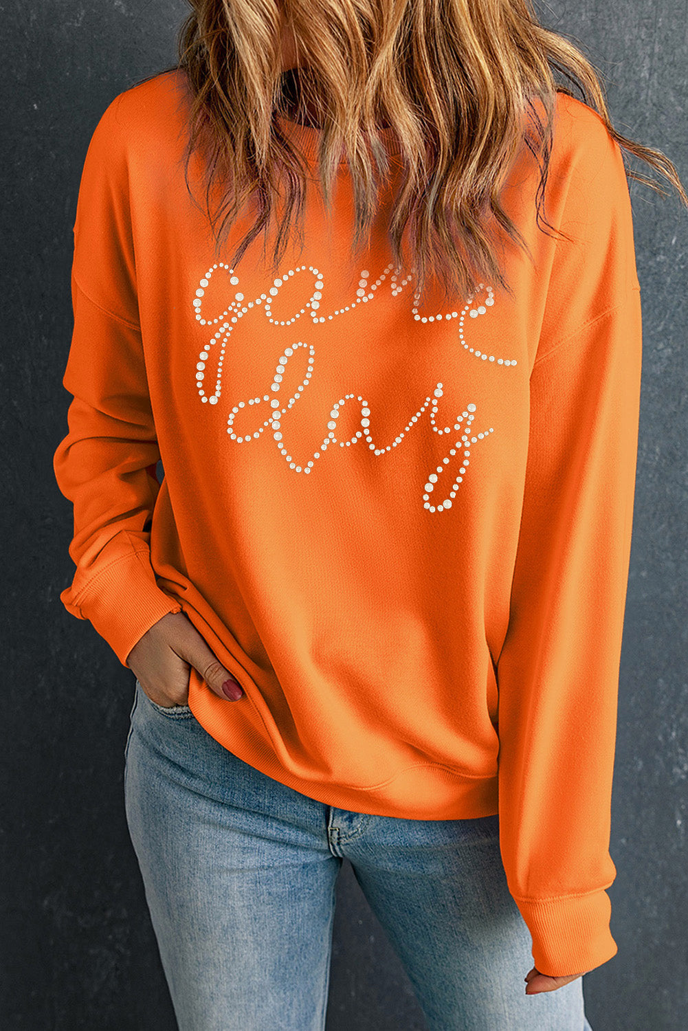 Orange Rhinestone game day Pattern Drop Shoulder Sweatshirt Graphic Sweatshirts JT's Designer Fashion