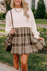 Beige Plaid Patchwork High Waist Sweatshirt Mini Dress Mini Dresses JT's Designer Fashion