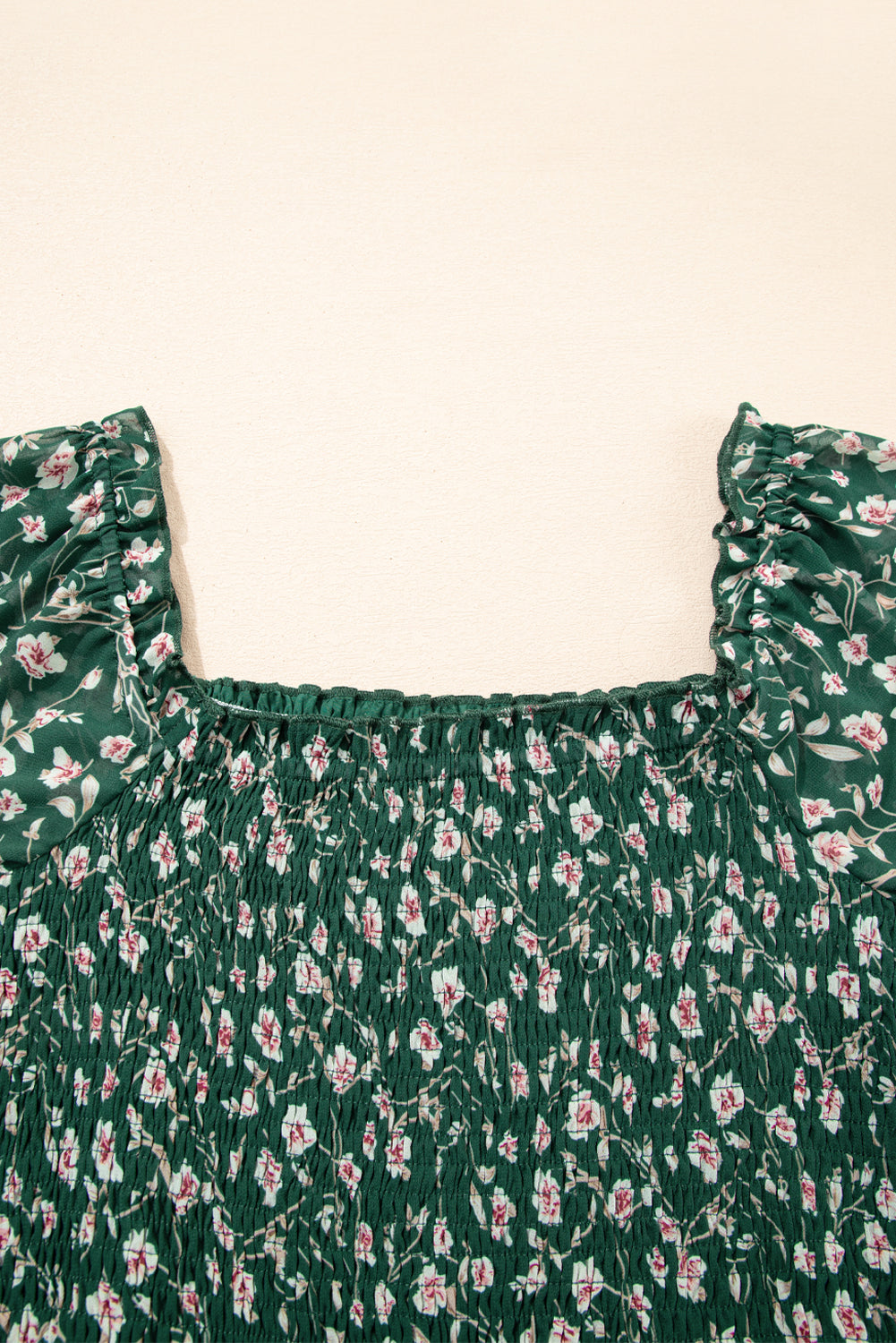 Green Smocked Square Neck Puff Short Sleeve Floral Dress Floral Dresses JT's Designer Fashion
