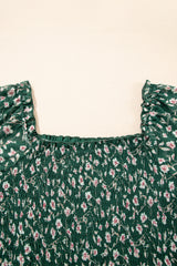 Green Smocked Square Neck Puff Short Sleeve Floral Dress Floral Dresses JT's Designer Fashion