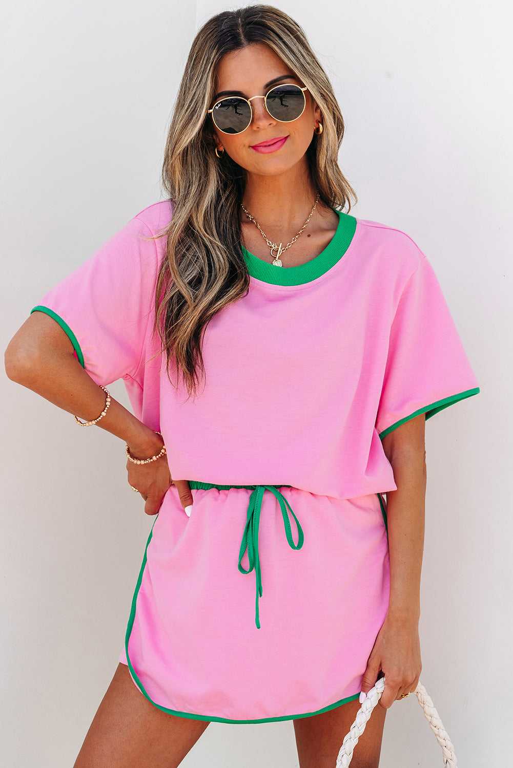 Bonbon Colorblock Edge Drop Shoulder T Shirt and Skort 2Pcs Set Bonbon 75%Polyester+20%Cotton+5%Elastane Short Sets JT's Designer Fashion