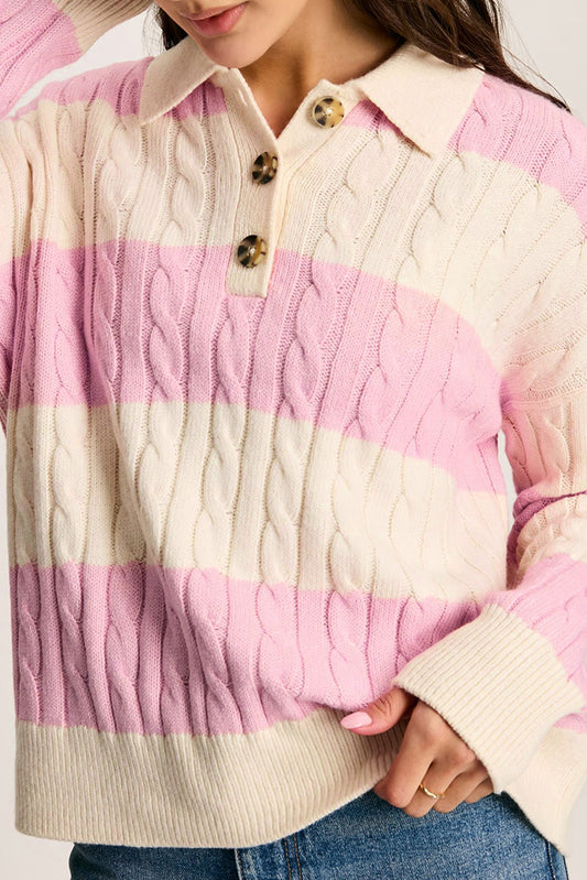 Pink Stripe Cable Knit Collared Henley Sweater Pink Stripe 52%Viscose+26%Polyester+22%Polyamide Sweaters JT's Designer Fashion