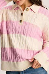 Pink Stripe Cable Knit Collared Henley Sweater Pink Stripe 52%Viscose+26%Polyester+22%Polyamide Sweaters JT's Designer Fashion
