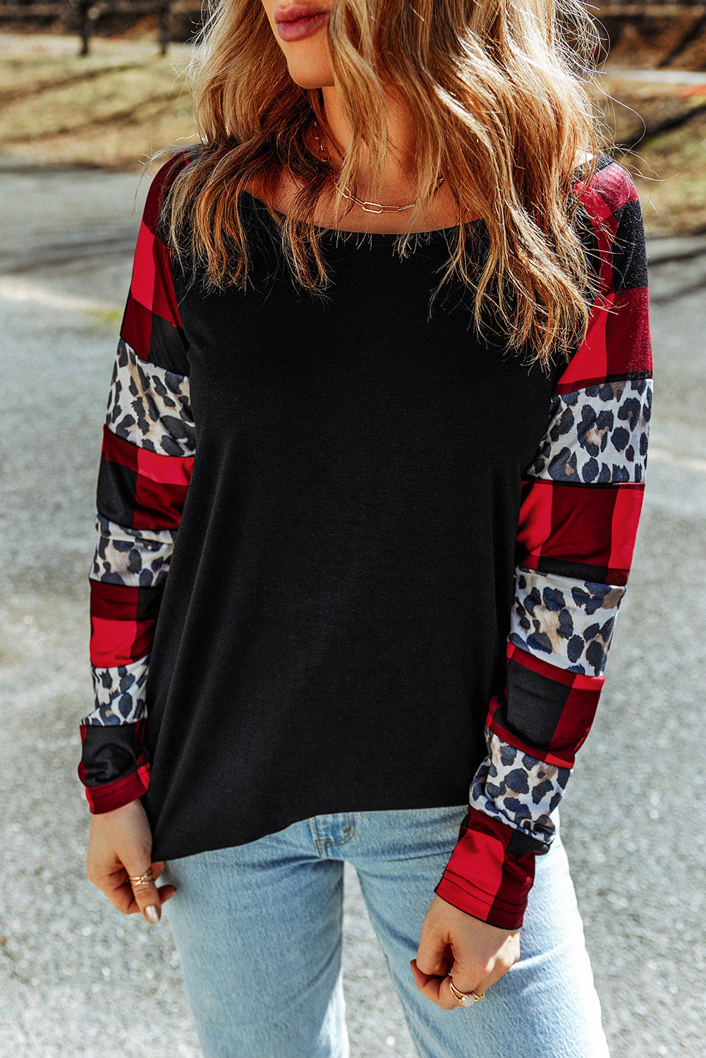 Black Off Shoulder Plaid&Leopard Print Long Sleeve Top Long Sleeve Tops JT's Designer Fashion