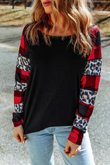 Black Off Shoulder Plaid&Leopard Print Long Sleeve Top Long Sleeve Tops JT's Designer Fashion