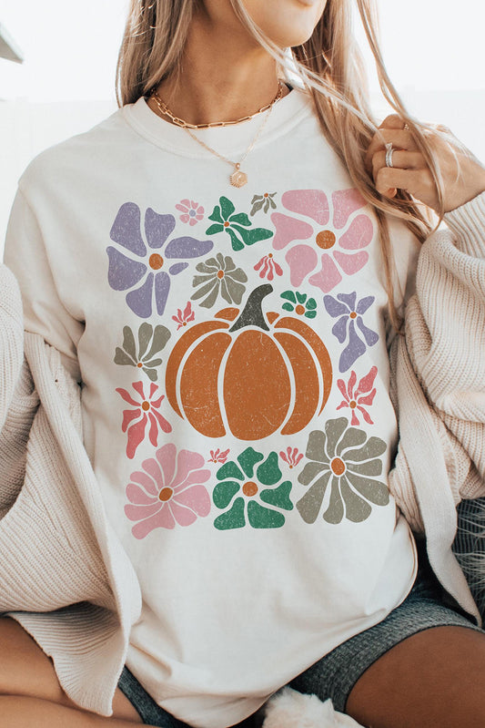 White Flower Pumpkin Distressed Graphic T Shirt Graphic Tees JT's Designer Fashion