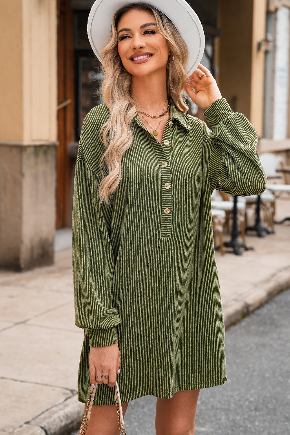 Moss Green Corded Buttons Placket Drop Shoulder Collared Shift Dress Mini Dresses JT's Designer Fashion