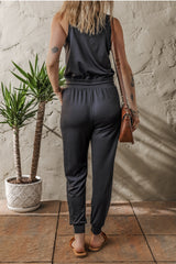 Black Casual Tank Style Tie Waist Pocketed Jogger Jumpsuit Jumpsuits & Rompers JT's Designer Fashion