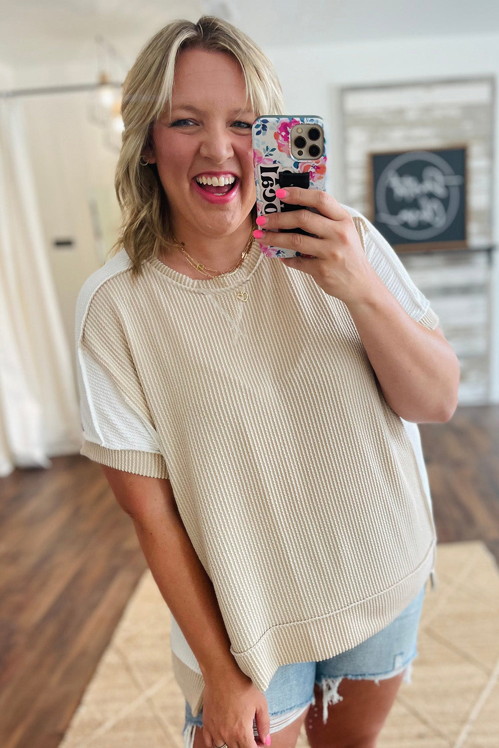 Parchment Twist Rib Colorblock Hi Low Plus Size Short Sleeve Top Plus Size JT's Designer Fashion
