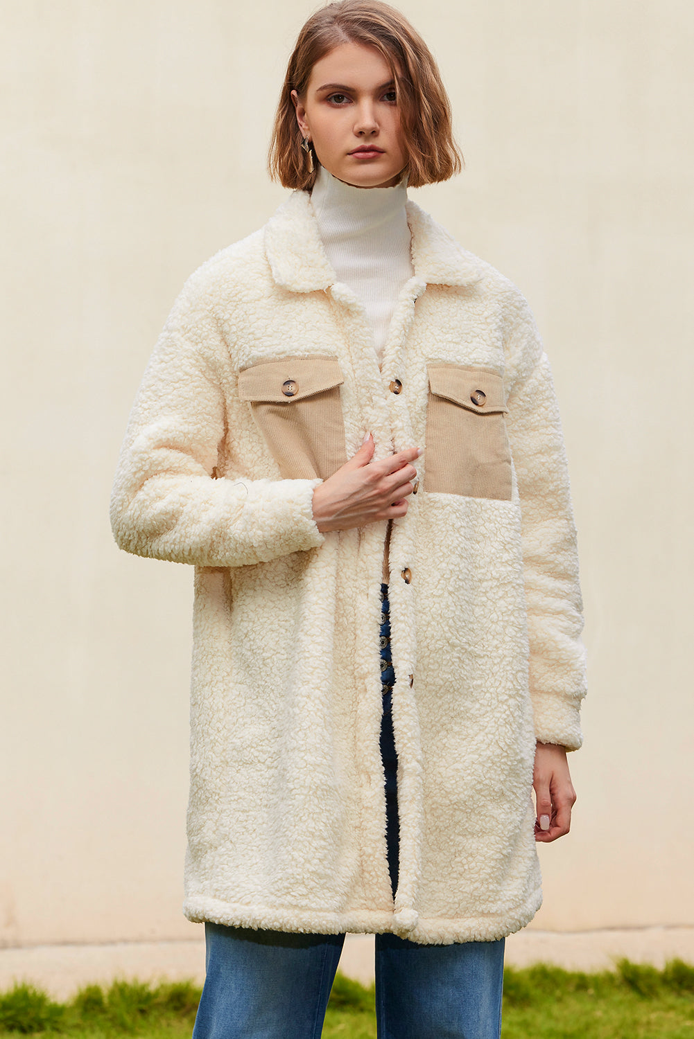 Beige Contrast Flap Pocket Single Breasted Teddy Coat Coats JT's Designer Fashion