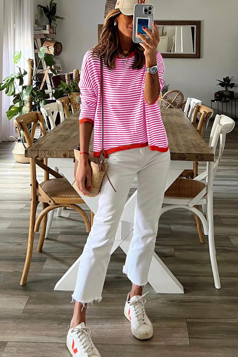 Pink Contrast Trimmed Striped Drop Shoulder Sweater Sweaters JT's Designer Fashion