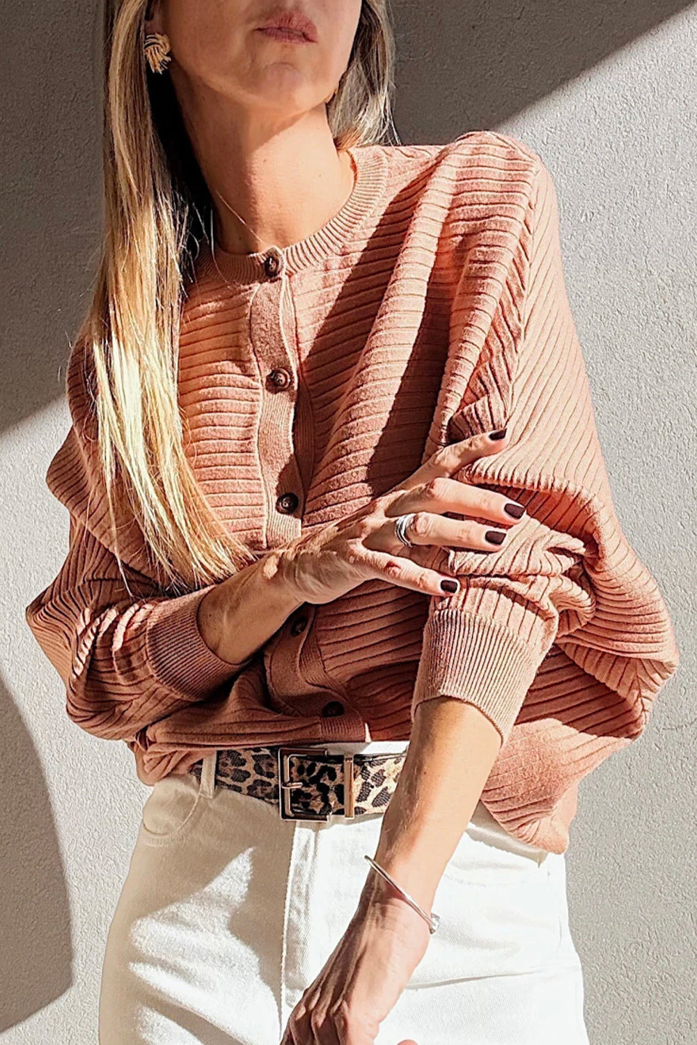 Apricot Pink Wide Rib Knit Button Front Dolman Sleeve Sweater Cardigan Cardigans JT's Designer Fashion