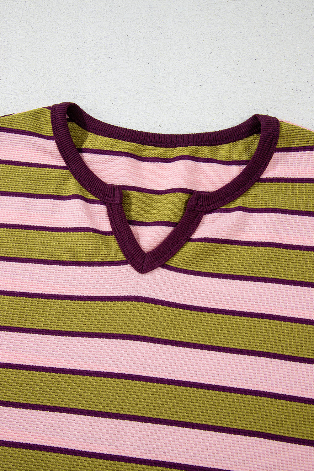 Spinach Green Clashing Stripes Waffle Texture Notched Neck Long Sleeve Top Long Sleeve Tops JT's Designer Fashion