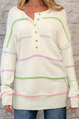 White Rainbow Stripes Drop Shoulder Baggy Henley Sweater Sweaters JT's Designer Fashion