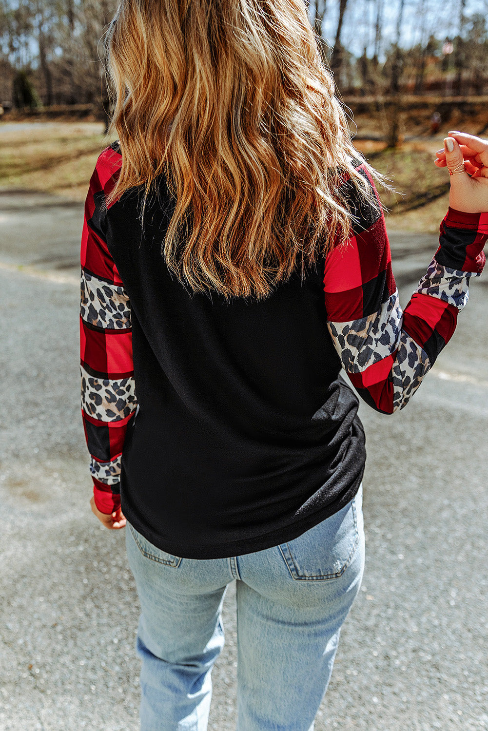 Black Off Shoulder Plaid&Leopard Print Long Sleeve Top Long Sleeve Tops JT's Designer Fashion