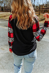 Black Off Shoulder Plaid&Leopard Print Long Sleeve Top Long Sleeve Tops JT's Designer Fashion