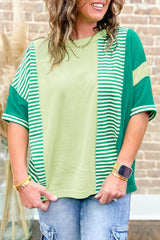 Green Stripe Patchwork Colorblock Plus Size T Shirt Green Stripe 75%Polyester+25%Cotton Plus Size Tops & Tees JT's Designer Fashion