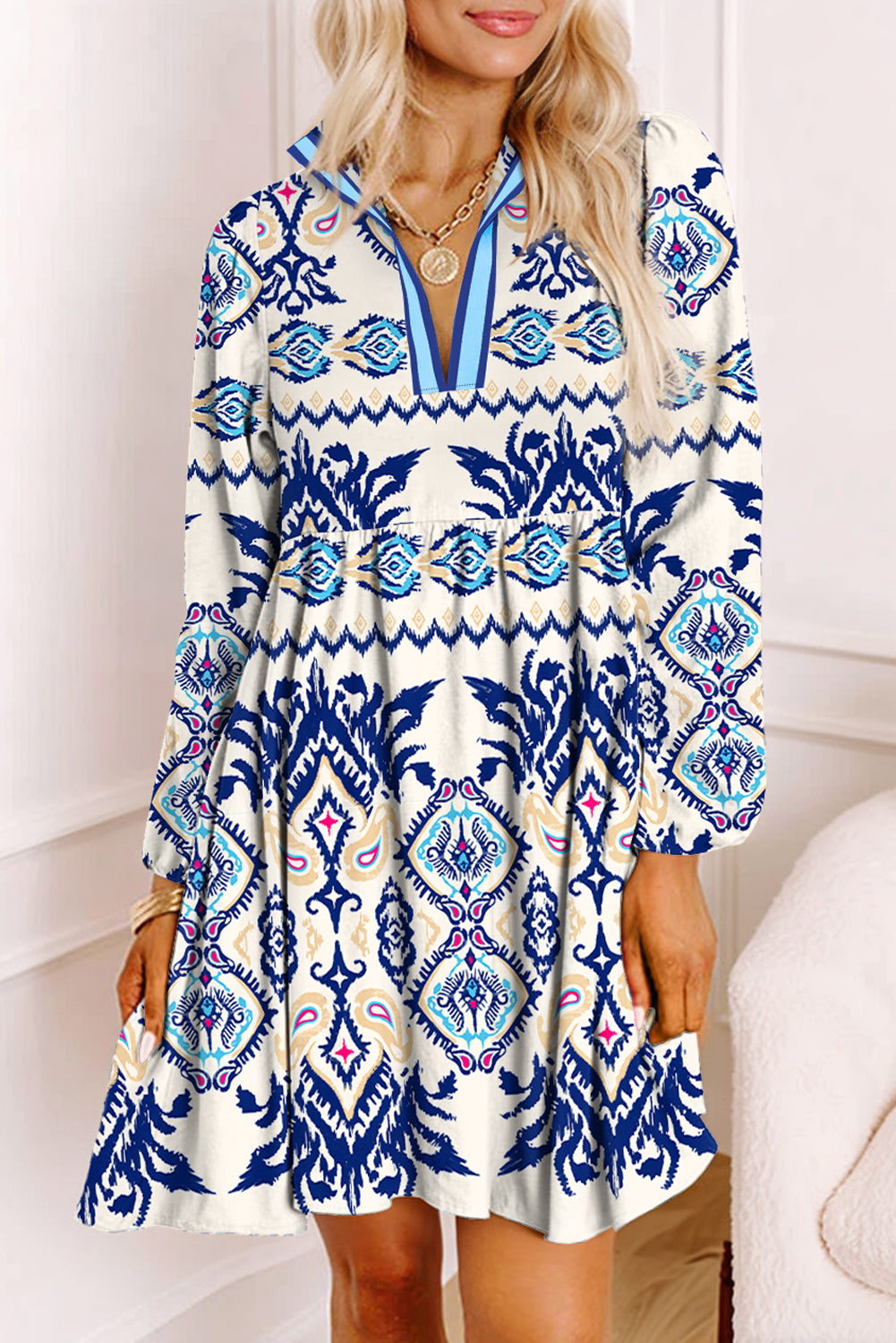 Blue Ethnic Print Striped Split Neck Long Sleeve Flowy Mini Dress Blue 100%Polyester Mini Dresses JT's Designer Fashion