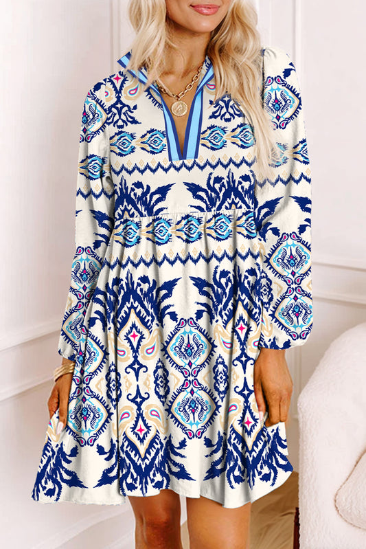 Blue Ethnic Print Striped Split Neck Long Sleeve Flowy Mini Dress Blue 100%Polyester Mini Dresses JT's Designer Fashion