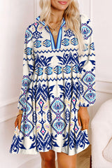 Blue Ethnic Print Striped Split Neck Long Sleeve Flowy Mini Dress Blue 100%Polyester Mini Dresses JT's Designer Fashion