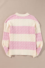 Pink Stripe Cable Knit Collared Henley Sweater Sweaters JT's Designer Fashion