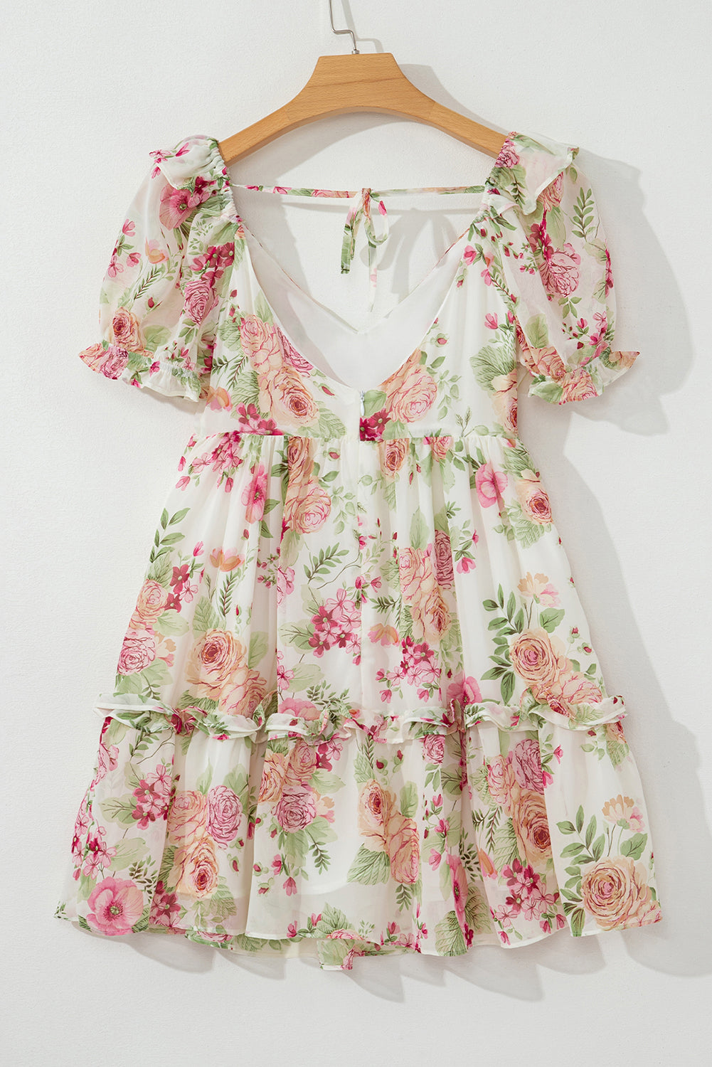 White Vibrant Floral Bubble Sleeve Sweetheart Neck Ruffle Mini Dress Floral Dresses JT's Designer Fashion