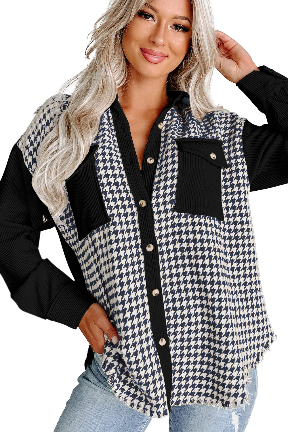 Black Houndstooth Corduroy Patchwork Flap Pocket Shacket Jackets JT's Designer Fashion