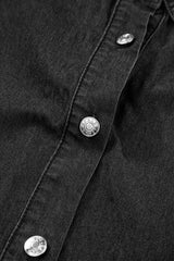 Black Frilled Short Sleeve Button Up Loose Denim Shirt Dress Mini Dresses JT's Designer Fashion