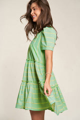 Green Stripe V Neck Short Sleeve Frilled Detail A-line Dress Dresses JT's Designer Fashion