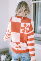 Brown Checkered Floral Print Striped Sleeve Sweater Sweaters JT's Designer Fashion