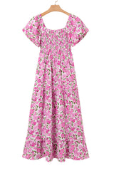 Pink Dainty Floral Smocked Puff Sleeve Flowy Long Dress Maxi Dresses JT's Designer Fashion