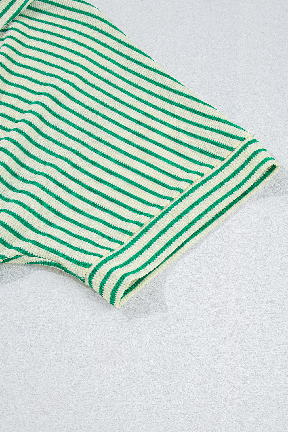 Green Stripe Textured Short Sleeve Collared Buttoned Waist Tie Romper Jumpsuits & Rompers JT's Designer Fashion